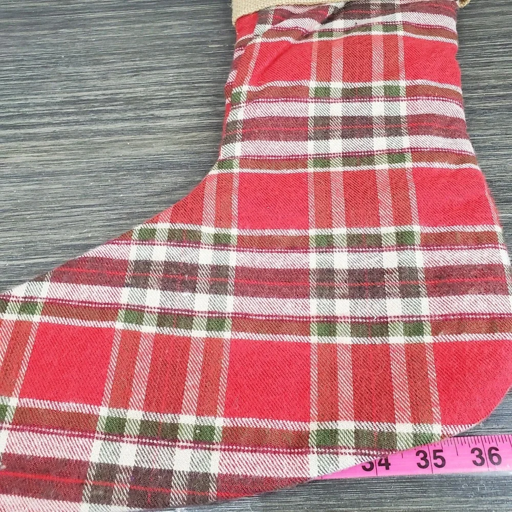 Domain Christmas Red Plaid‎ and Burlap Dog Pet Stocking with Button Bones 16
